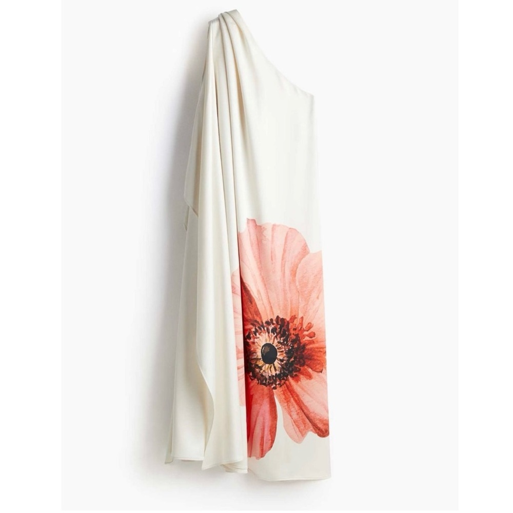 H&M Draped Shoulder Satin Poppy Print Dress Size M